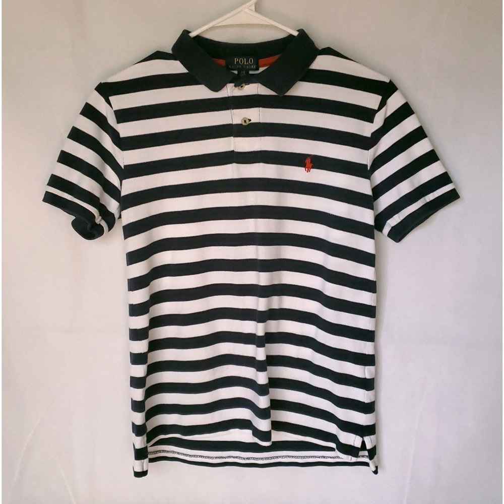 Youth Boys Size Large 14-16 Navy Blue & White‎ Stripe Polo Shirt Red Horse